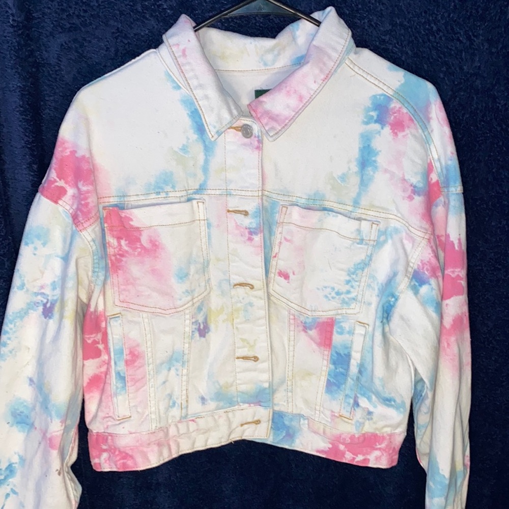 Denim pink, blue, & white cropped jacket
